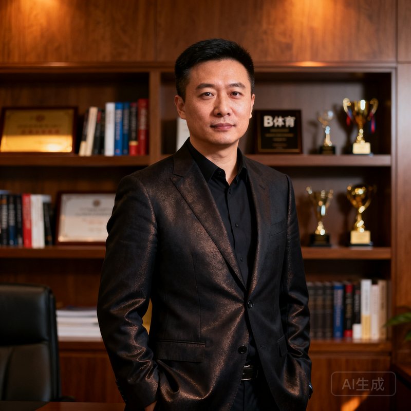 B体育创始人兼CEO周明远的正式肖像照，身穿深色西装在办公室书架前，表情沉稳自信。